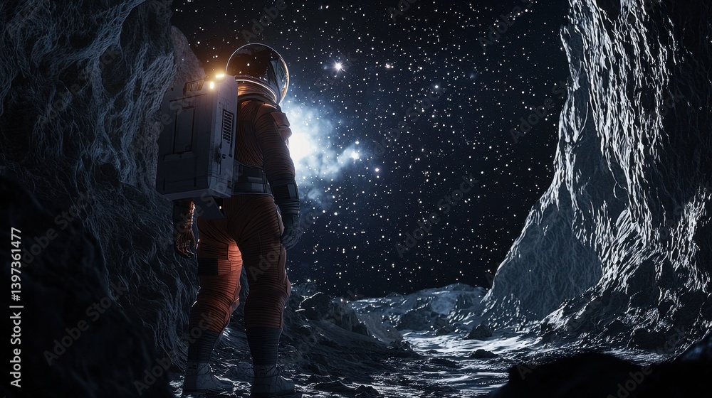 Obraz premium Astronaut Standing in Space Cave Under Starry Night Sky