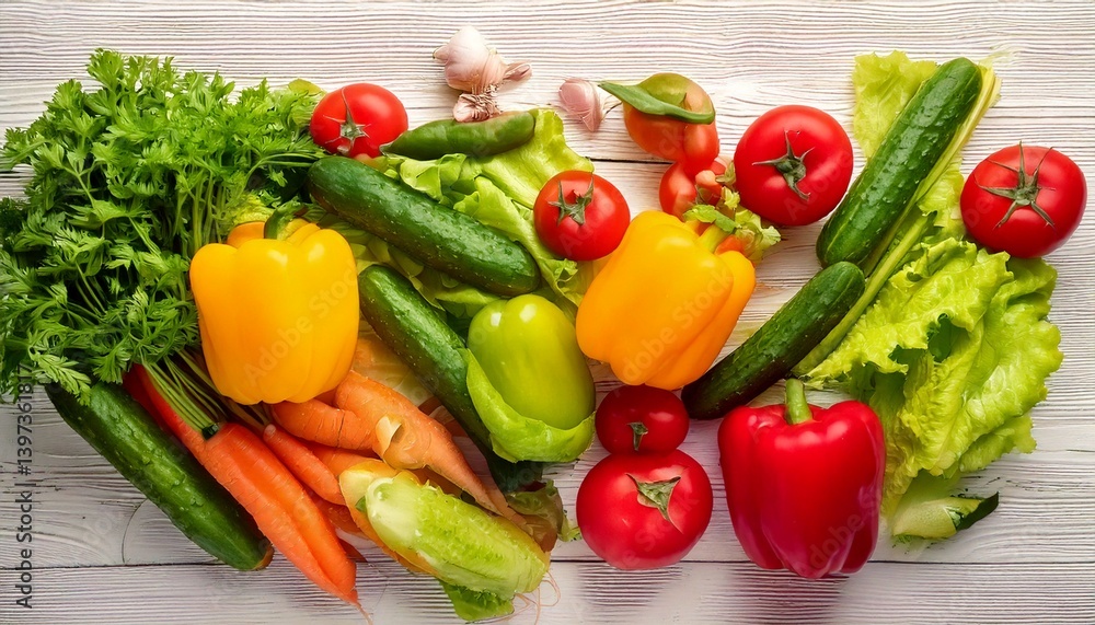 Flat lay background of various fresh vegetables – tomatoes, cucumbers, carrots, peppers and lettuce – arranged aesthetically on a white wooden surface Flat lay background of various fresh vegetables – tomatoes, cucumbers, carrots, peppers and lettuce – arranged aesthetically on a white wooden surface
