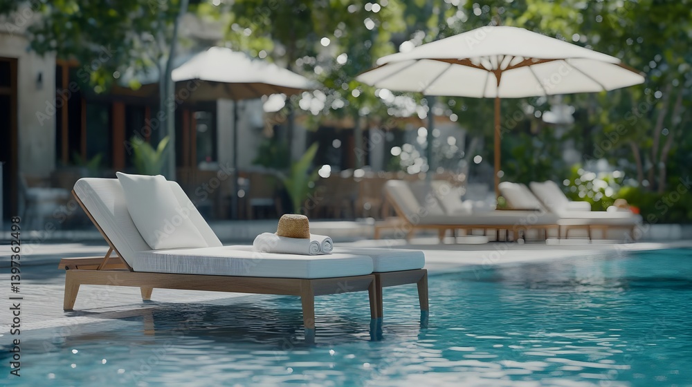 Fototapeta premium Elegant Lounge Chair by Luxury Poolside in Serene Resort Setting