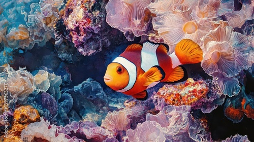 Fototapeta Naklejka Na Ścianę i Meble -  A vibrant orange and white fish swimming around colorful coral reefs