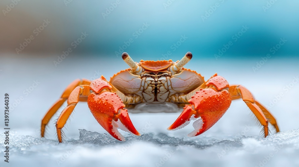 Red Crab Gripping Rocky Icy Surface with Claws in Snowy Landscape Red Crab Gripping Rocky Icy Surface with Claws in Snowy Landscape