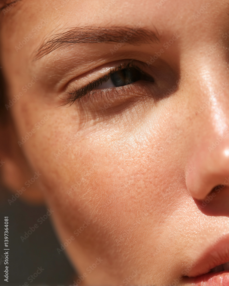 Naklejka premium Photo macro visage de femme au soleil, skincare, soin de la peau en été 