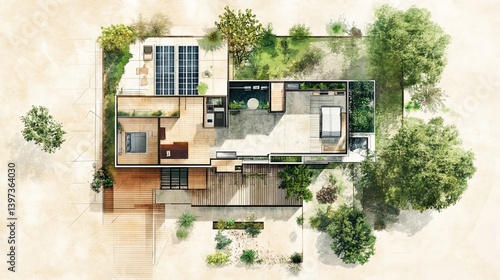 Architectural plan of a modern house with a garden and solar panels, top view rendered