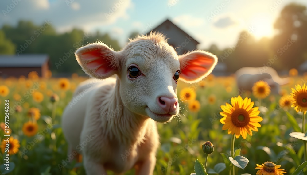 Calf standing in blooming sunflower field Calf standing in blooming sunflower field