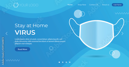 Stay at Home Webpage Template for Virus Awareness, Modern Blue Design with Mask Illustration and Informative Layout