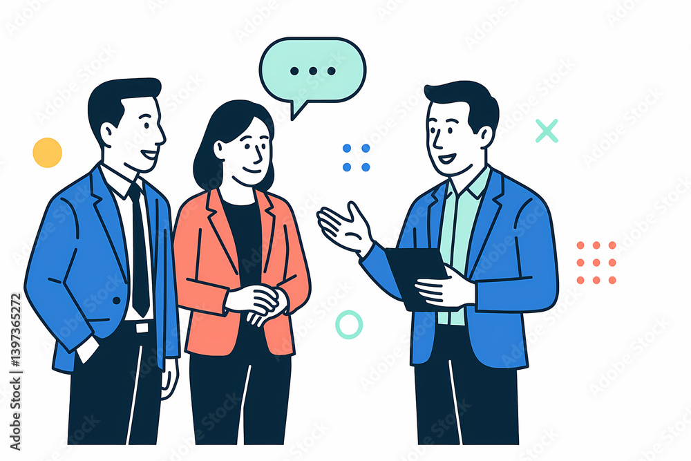 Three business people engaged in a casual discussion, symbolizing teamwork and collaboration. Clean vector scene in flat outline style, ideal for HR presentations, soft skills training, or project pla Three business people engaged in a casual discussion, symbolizing teamwork and collaboration. Clean vector scene in flat outline style, ideal for HR presentations, soft skills training, or project pla