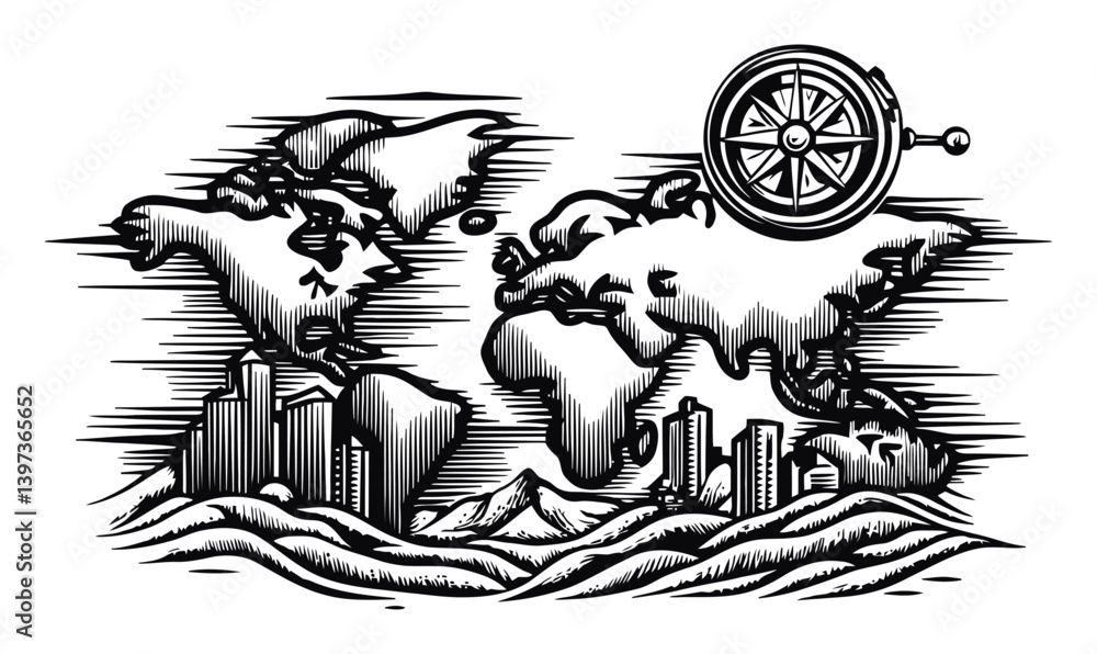 Fototapeta premium Vintage Map Design with Compass Elements in Black and White Style