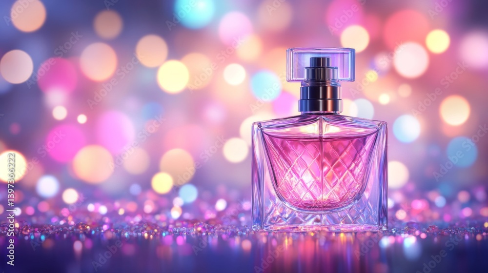 A soft-focus image of a perfume bottle with a sprayer, surrounded by dreamy bokeh lights, creating an enchanting atmosphere of fragrance and allure