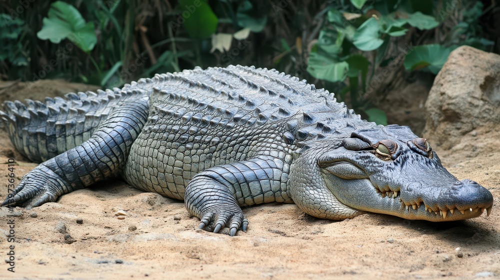 Fototapeta premium A large crocodile is resting on a sandy brown surface peacefully