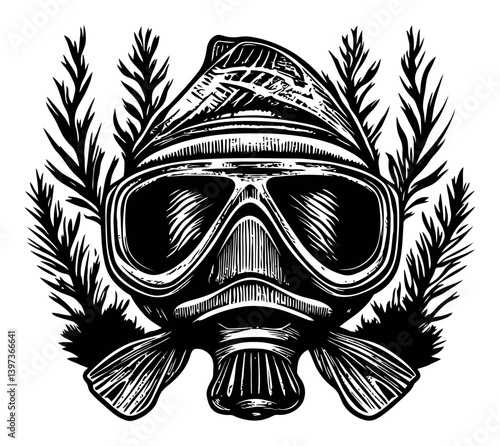 Vintage Scuba Diver Mask with Ocean Elements and Seaweed Design