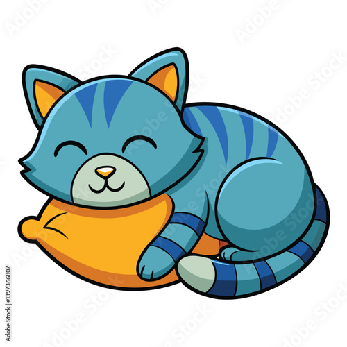 Adorable Sleeping Cartoon Cat with Blue Stripes Cuddled on a Yellow Pillow on White