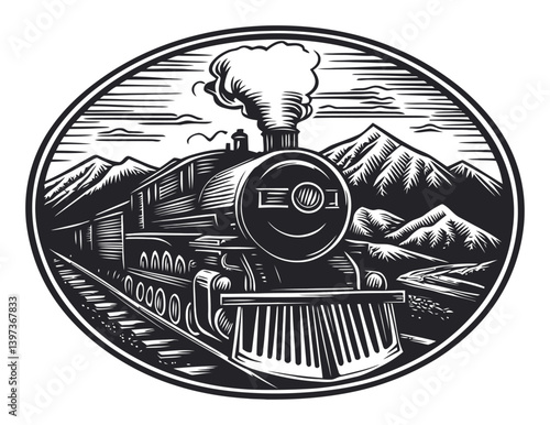 Vintage Style Black and White Illustration of a Steam Locomotive