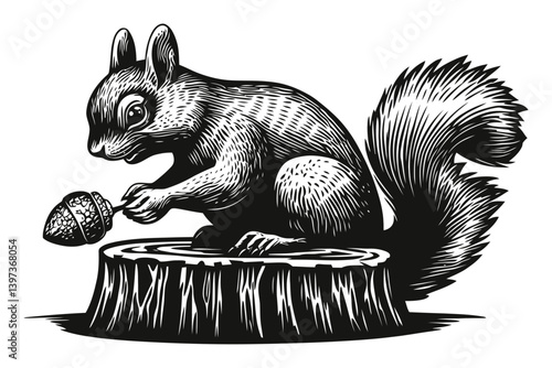 Detailed Illustration of Squirrel Holding an Acorn on Tree Stump