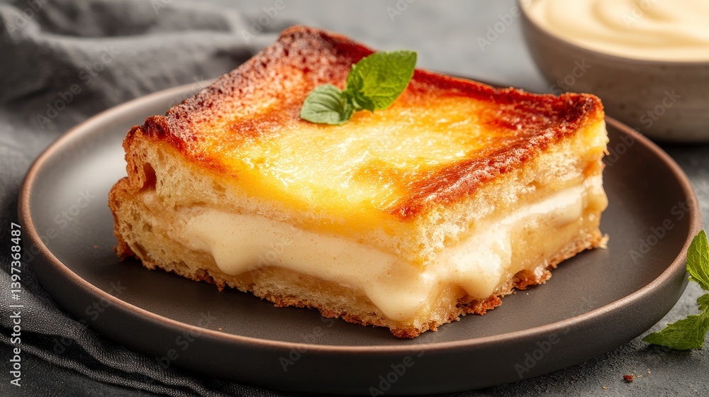 Warm Slice of Bread and Butter Pudding Garnished with Mint Leaves Served on a Dark Plate Warm Slice of Bread and Butter Pudding Garnished with Mint Leaves Served on a Dark Plate