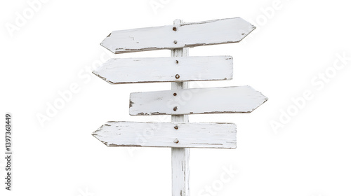 Simple directional signpost with multiple blank arrows, painted white,
