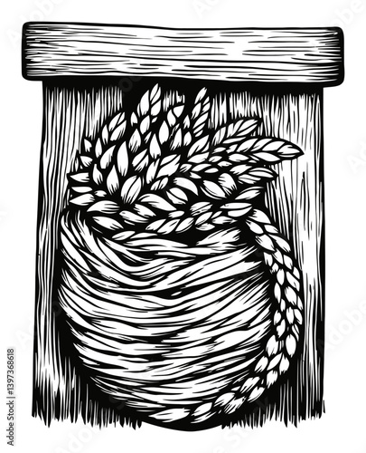 Detailed Black and White Illustration of Wheat in a Basket