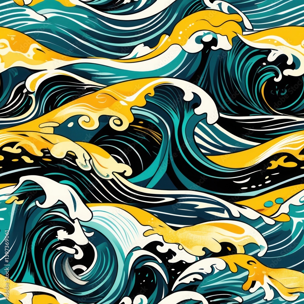 Fototapeta premium Repeating pattern backdrop. Blue yellow ocean waves seamless design. Marine background texture.