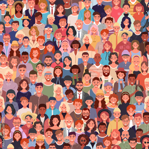 Seamless pattern with large group of people. Children, teens, adults, and seniors of various nationalities. Men and women of different ages vector illustration.
