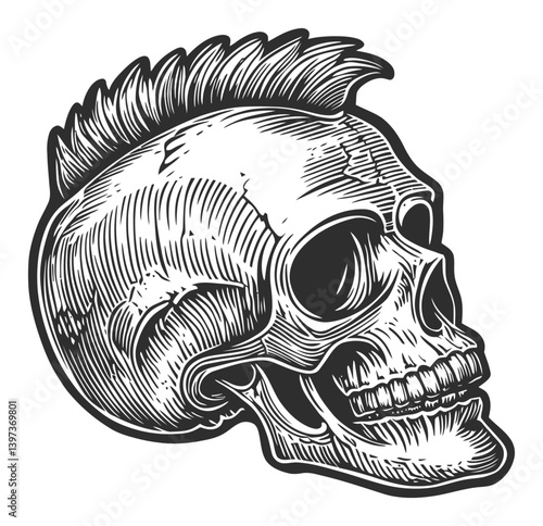 Detailed Sketch of a Skull with Mohawk Hairstyle in Black and White