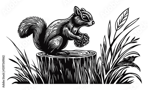 Intricate Woodcut Style Squirrel Gathering Pine Cone on Stump