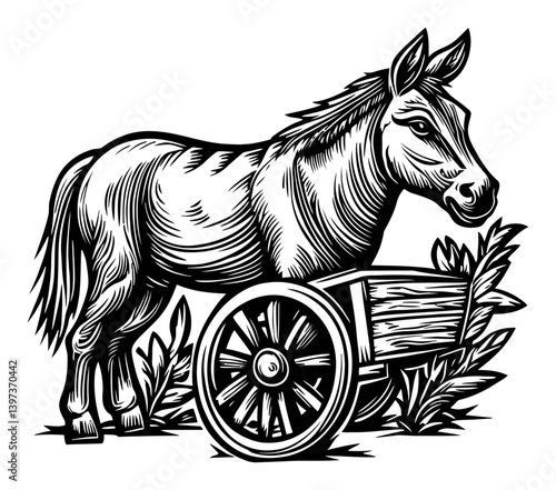 Vintage Woodcut Style Horse Pulling Cart in Nature Scene