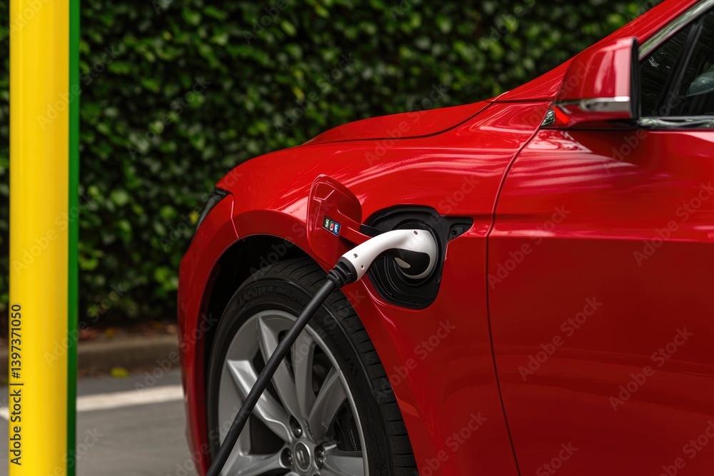 Naklejka premium Red electric vehicle charging at station surrounded by lush gree