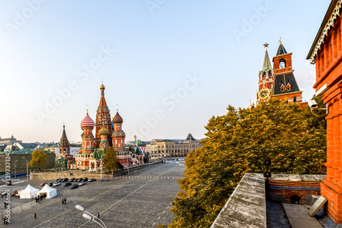 Red Square in Moscow with St Basils Cathedral temple. Panoramic view from Kremlin wall and tower