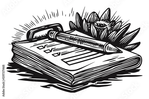 Vintage Style Notebook with Pen and Water Lily Illustration