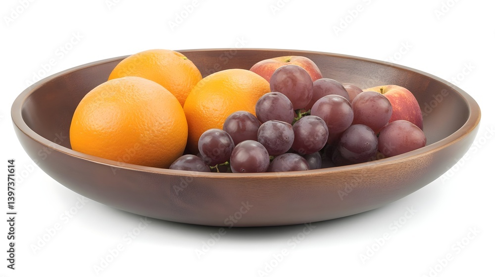 Fresh Oranges, Grapes, and Apples in Wooden Bowl Isolated Image Fresh Oranges, Grapes, and Apples in Wooden Bowl Isolated Image