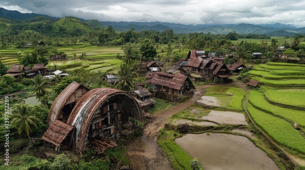 Aerial View of a Rustic Village nestled in Lush Green Rice Terraces and Mountains Aerial View of a Rustic Village nestled in Lush Green Rice Terraces and Mountains