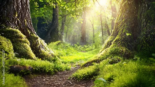 Enchanting Forest Pathway Surrounded by Lush Greenery and Soft Morning Light Streaming Through Trees