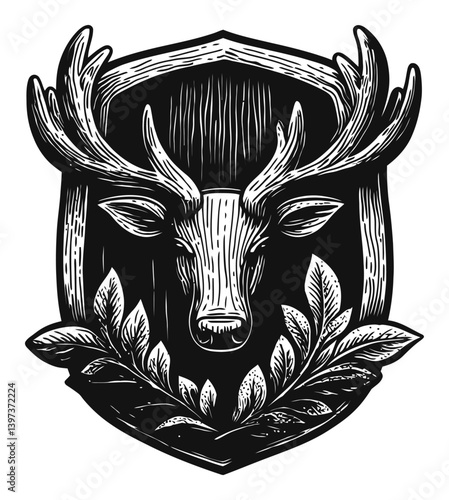 Vintage Deer Head Illustration in Stylized Shield Design