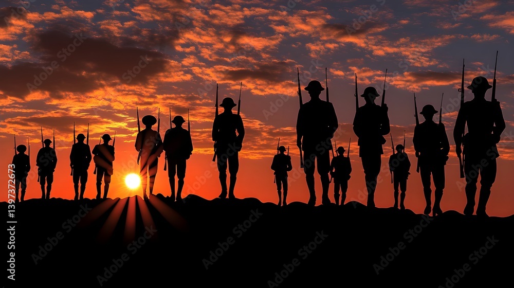 Fototapeta premium Soldiers Marching at Sunset in Remembrance of War II Heroes