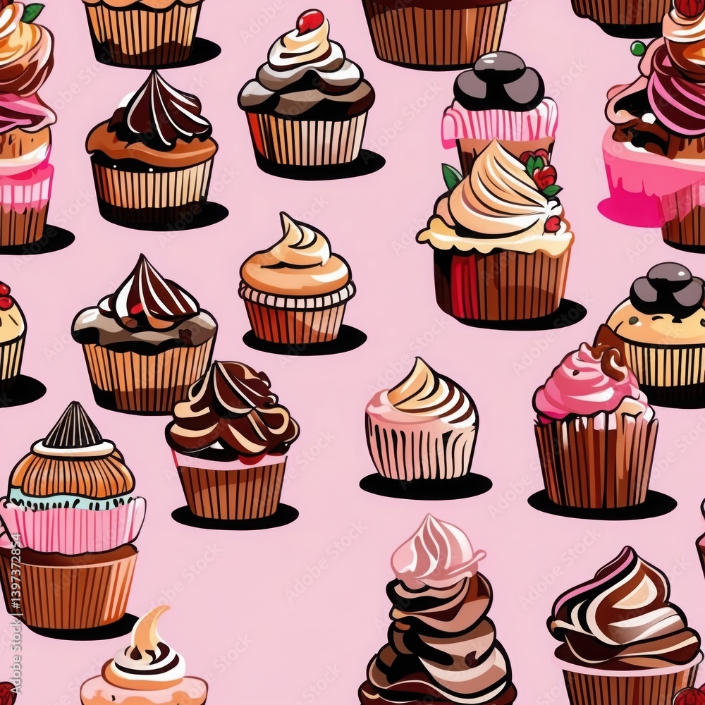 Cupcake pattern background. Sweet dessert seamless illustration. Various cupcake with cream topping. Pink seamless background Cupcake pattern background. Sweet dessert seamless illustration. Various cupcake with cream topping. Pink seamless background