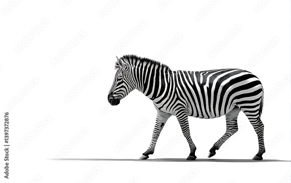 Naklejka premium Zebra Walking on a White Background Animal Side View