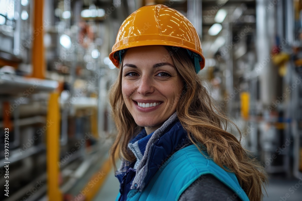 Smiling female worker with a hard hat in industrial factory setting. Perfect for safety campaigns, manufacturing or construction related concepts. Smiling female worker with a hard hat in industrial factory setting. Perfect for safety campaigns, manufacturing or construction related concepts.