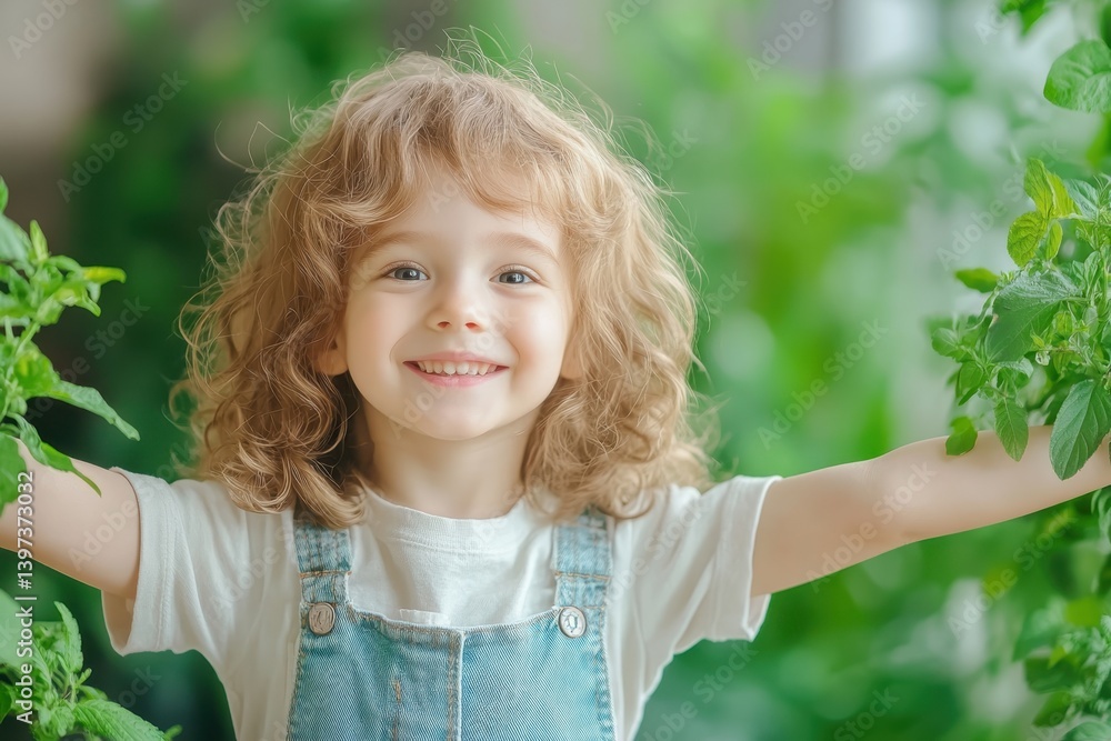 Young child joyfully interacting with plants indoors in a bright, green space Young child joyfully interacting with plants indoors in a bright, green space
