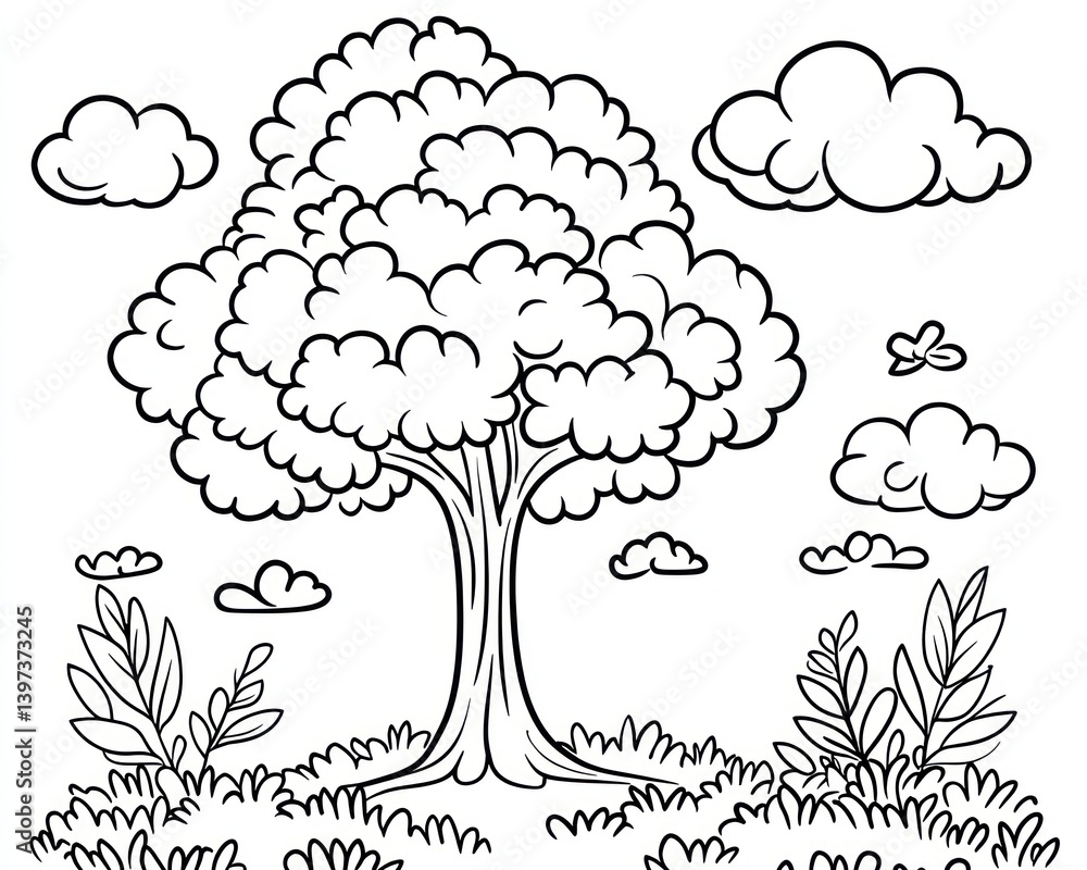 Naklejka premium Simple tree drawing, sunny day, nature scene, coloring page
