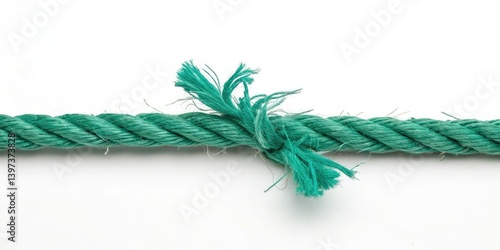 Abstract green rope, jagged edges, stark white background. Minimalist photography.