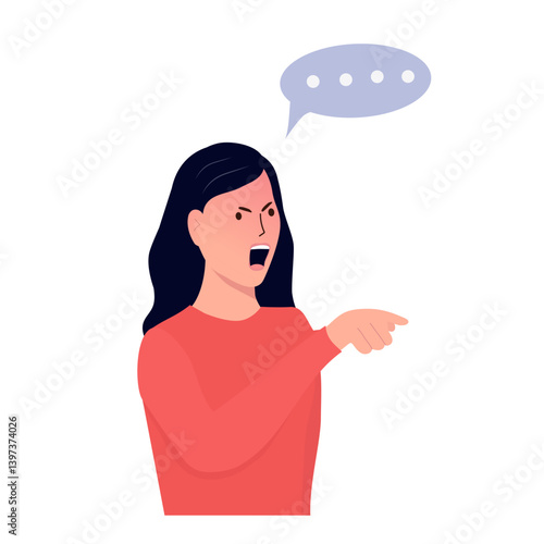 Furious angry woman scolding in anger. Annoyed female character with irritated face expression complaining and pointing with finger up. Colored flat vector illustration isolated on white background