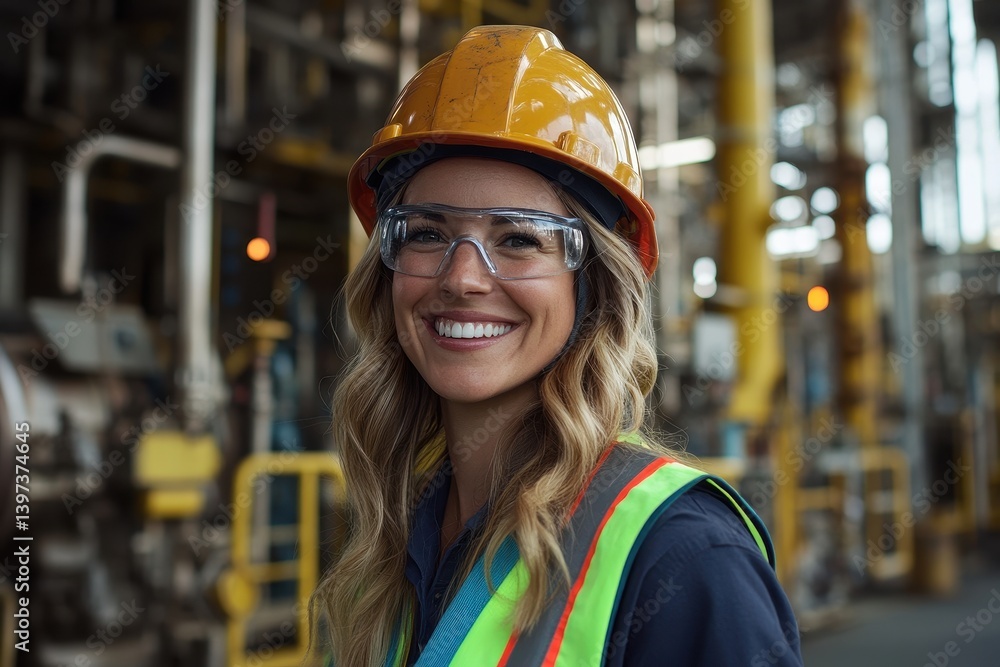 Smiling female engineer in hard hat at industrial facility. Promote women in STEM, safety, and skilled labor concepts. Smiling female engineer in hard hat at industrial facility. Promote women in STEM, safety, and skilled labor concepts.
