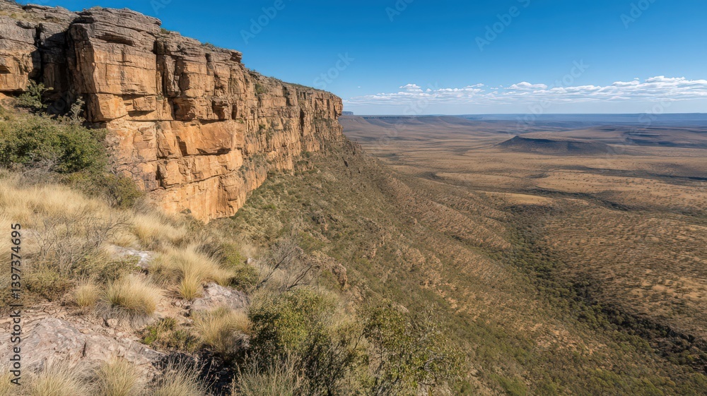 Sweeping Vista of Rocky Terrain and Vast Plains under Bright Blue Sky with Expansive Landscape of Rugged Cliff Overlooking Dry Savanna and Distant Hills Sweeping Vista of Rocky Terrain and Vast Plains under Bright Blue Sky with Expansive Landscape of Rugged Cliff Overlooking Dry Savanna and Distant Hills