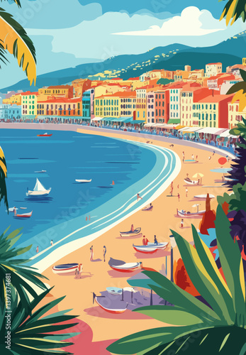 Retro Vector Art of Nice, France: Vibrant French Riviera Travel Poster Illustration