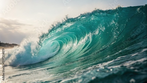 Abstract teal ocean wave, low-light brushstrokes create a blue-green textured watercolor painting.