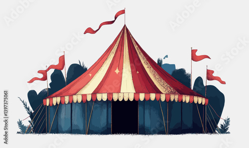 Vintage Circus Tent Illustration in Minimalist SVG Vector Style with Red Flags