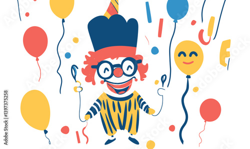 Colorful April Fools Day Clown Illustration with Balloons and Smiley Faces