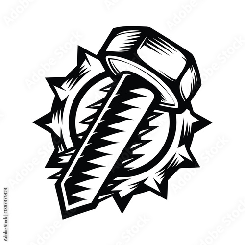 Black and White Medieval Mace Weapon, Morning Star Club with Spikes, Monochrome Art