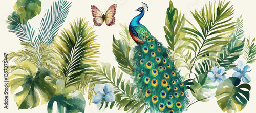 Luxurious Peacock with Tropical Foliage and Butterfly Vector Illustration