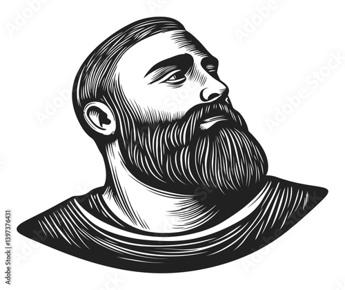 Detailed Black and White Illustration of a Bearded Man's Profile