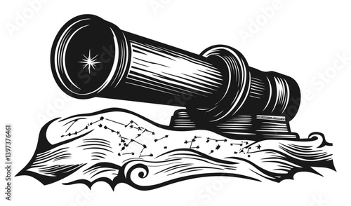 Vintage telescope illustration with constellation design in black and white